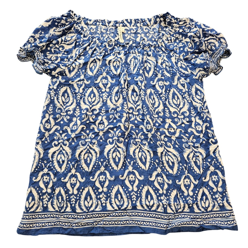 Grand & Greene Womens Blue White Damask Paisley Rayon Short Sleeve Blouse Small
